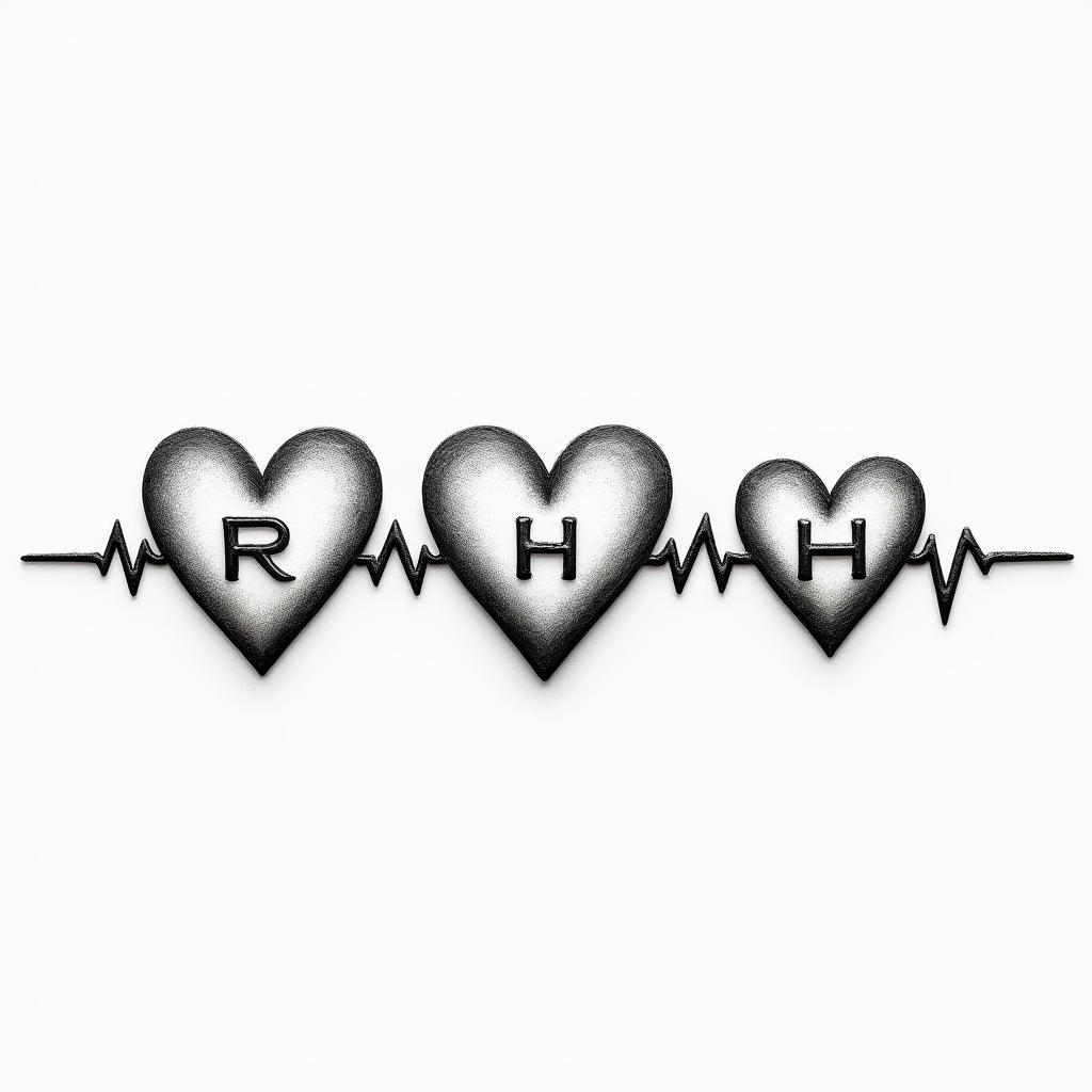 The heartbeat through three hearts drawn horizontally, with the middle heart being slightly larger and the possibility of writing the letters R K H inside it.higly detailed tattoo