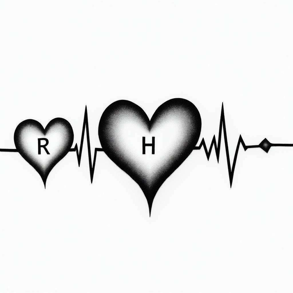 The heartbeat through three hearts drawn horizontally, with the middle heart being slightly larger and the possibility of writing the letters R K H inside it.higly detailed tattoo - Variation 3