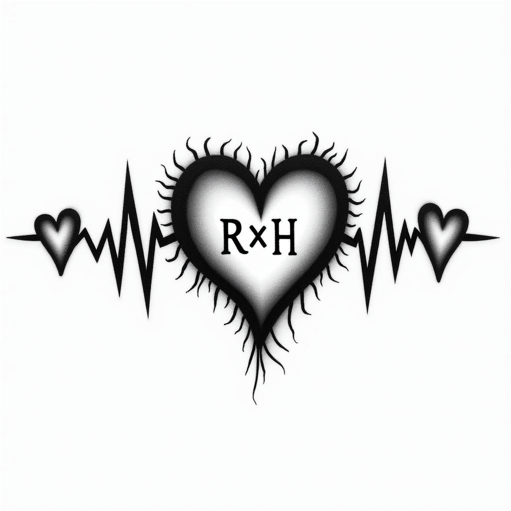 The heartbeat through three hearts drawn horizontally, with the middle heart being slightly larger and the possibility of writing the letters R K H inside it.higly detailed tattoo - Variation 4