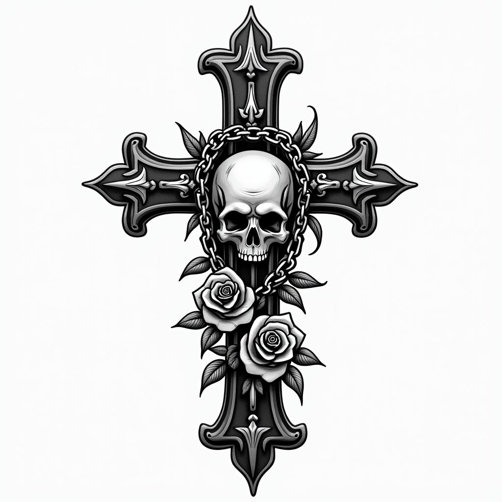 alaskain chicano style tattoo, featuring intricate black and grey shading, bold elements of traditional chicano culture symbols, add a big cross with skull, chains and roses