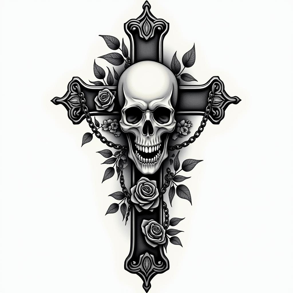 alaskain chicano style tattoo, featuring intricate black and grey shading, bold elements of traditional chicano culture symbols, add a big cross with skull, chains and roses - Variation 3