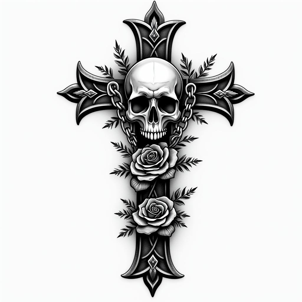 alaskain chicano style tattoo, featuring intricate black and grey shading, bold elements of traditional chicano culture symbols, add a big cross with skull, chains and roses - Variation 4