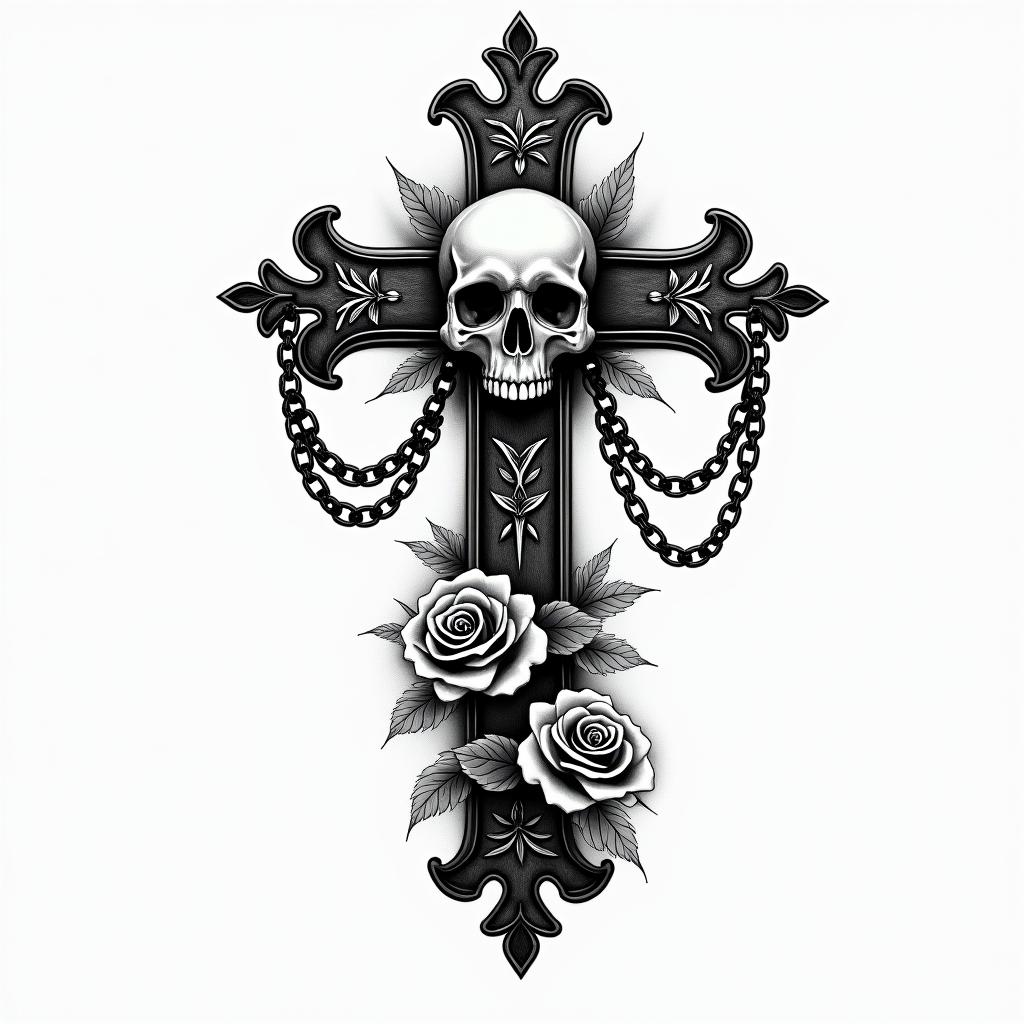 alaskain chicano style tattoo, featuring intricate black and grey shading, bold elements of traditional chicano culture symbols, add a big cross with skull, chains and roses - Variation 2