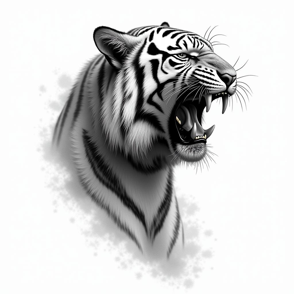 A roaring tiger in a realism style, representing strength, determination, and overcoming challenges. The tiger should be drawn in black and white, without colors, with many details to capture the essence of the animal. Incorporate a subtle symbol of victory and resilience in the composition, reflecting the client's personal journey.higly detailed tattoo - Variation 4