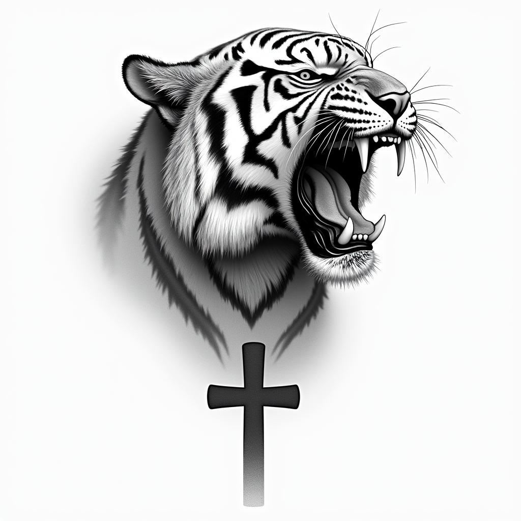 A roaring tiger in a realism style, representing strength, determination, and overcoming challenges. The tiger should be drawn in black and white, without colors, with many details to capture the essence of the animal. Incorporate a subtle symbol of victory and resilience in the composition, reflecting the client's personal journey.higly detailed tattoo - Variation 5