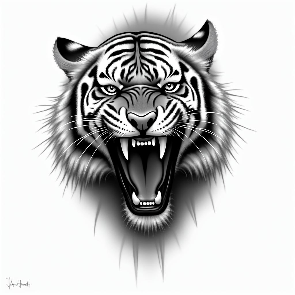 A roaring tiger in a realism style, representing strength, determination, and overcoming challenges. The tiger should be drawn in black and white, without colors, with many details to capture the essence of the animal. Incorporate a subtle symbol of victory and resilience in the composition, reflecting the client's personal journey.higly detailed tattoo - Variation 7