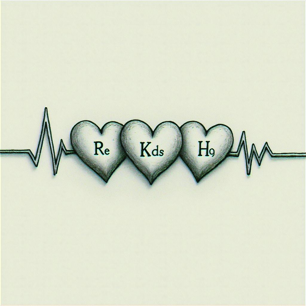The heartbeat through three horizontally drawn hearts, with the middle heart being slightly larger, with the possibility of writing the letters R K H inside it.higly detailed tattoo - Variation 4