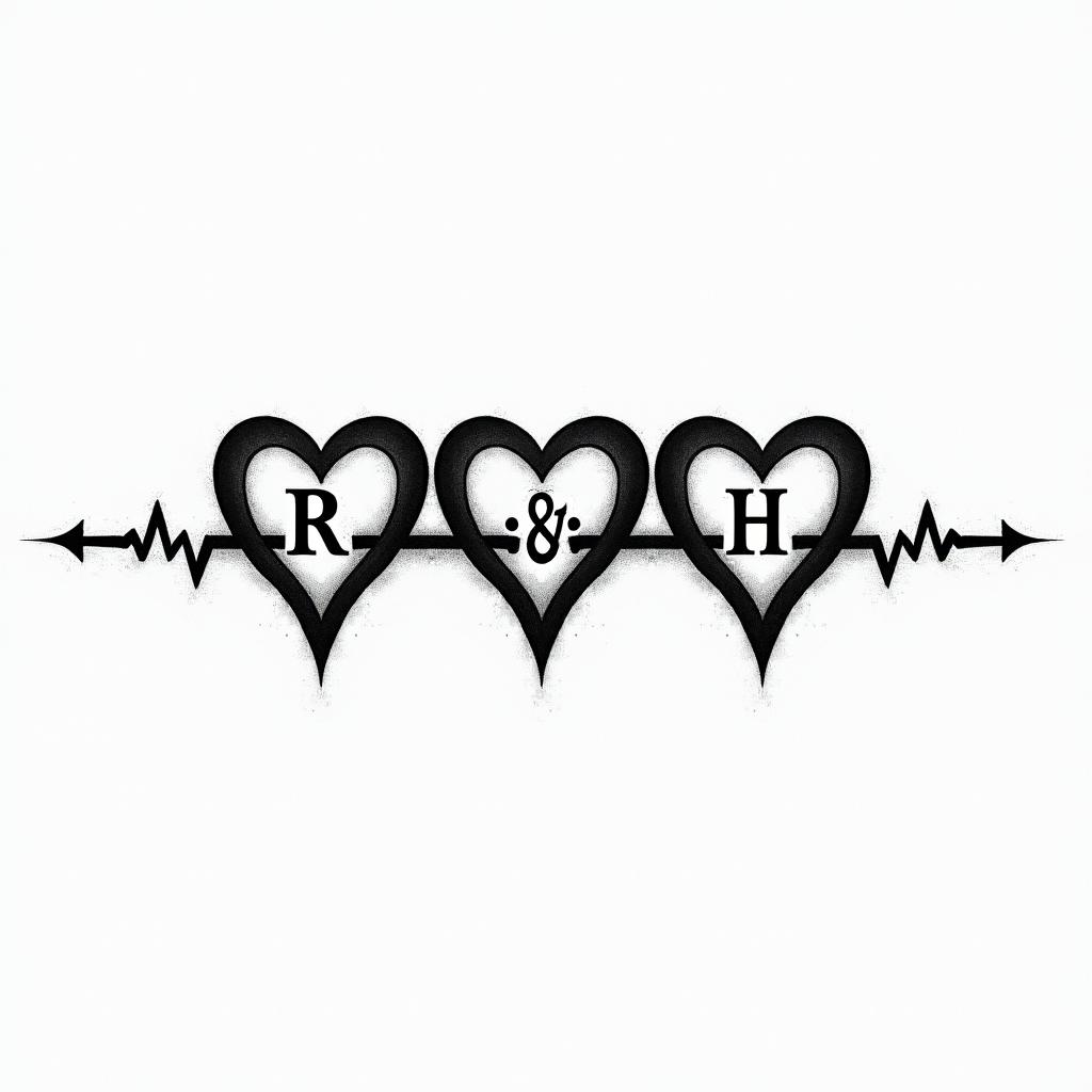 The heartbeat through three horizontally drawn hearts, with the middle heart being slightly larger, with the possibility of writing the letters R K H inside it.higly detailed tattoo