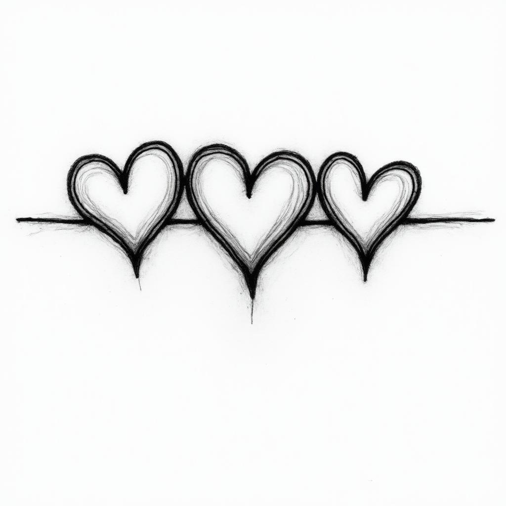 The heartbeat through three horizontally drawn hearts, with the middle heart being slightly larger, with the possibility of writing the letters R K H inside it.higly detailed tattoo - Variation 3