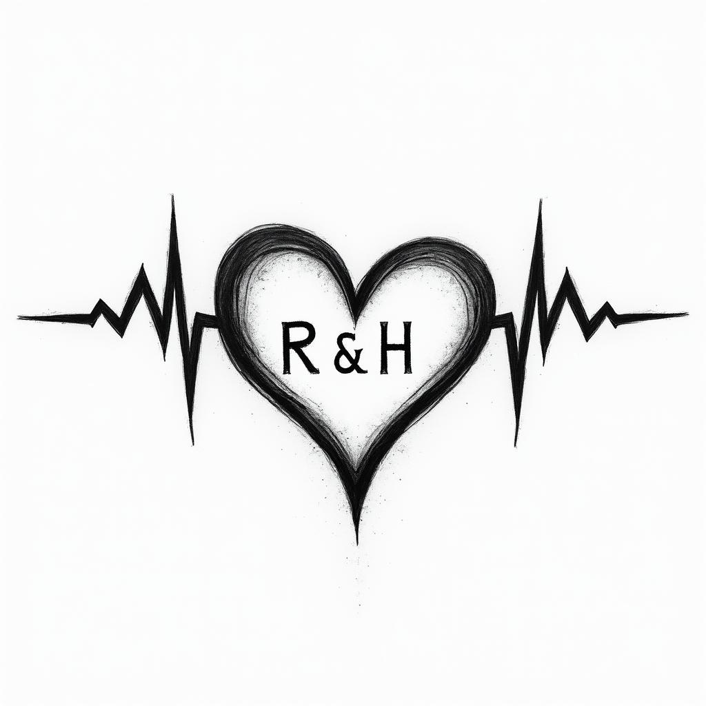 The heartbeat through three horizontally drawn hearts, with the middle heart being slightly larger, with the possibility of writing the letters R K H inside it.higly detailed tattoo - Variation 2