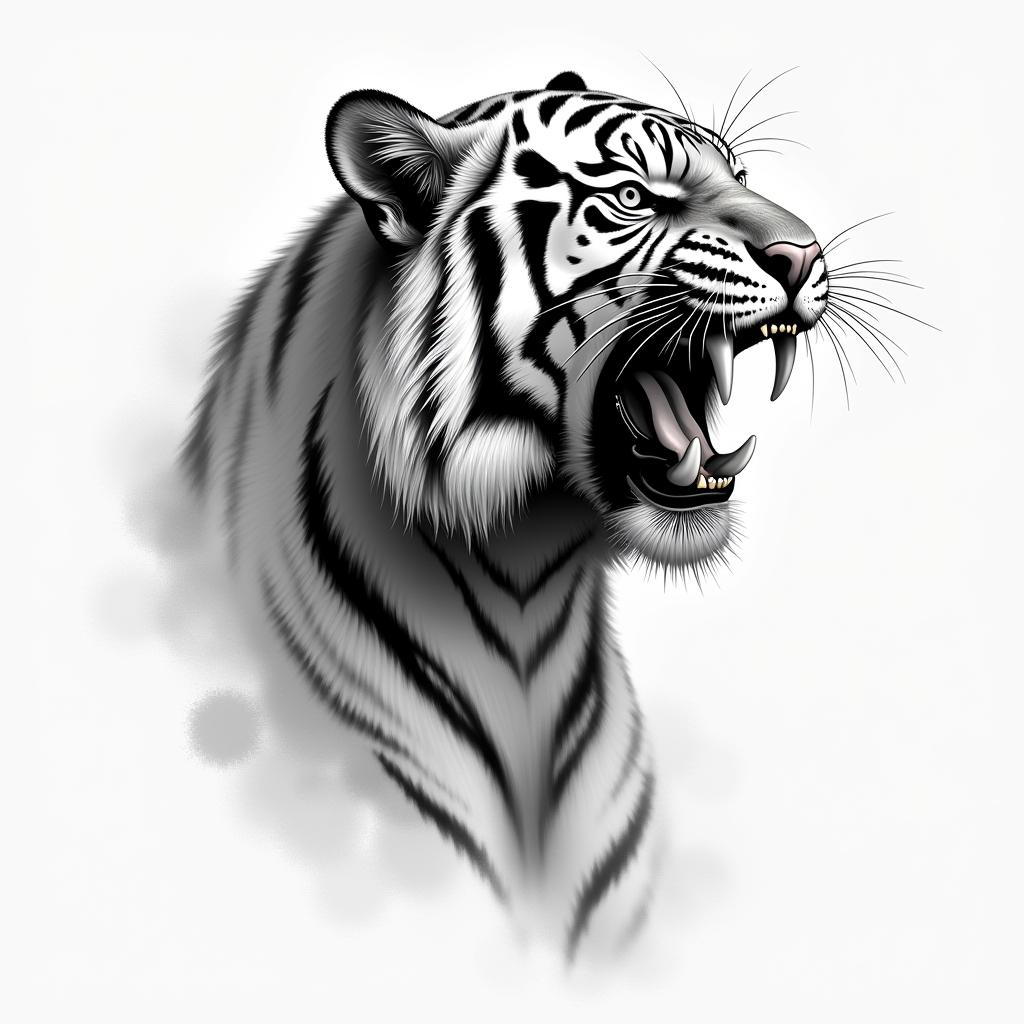 A roaring tiger in a realism style, representing strength, determination, and overcoming challenges. The tiger should be drawn in black and white, without colors, with many details to capture the essence of the animal. Incorporate a subtle symbol of victory and resilience in the composition, reflecting the client's personal journey.higly detailed tattoo