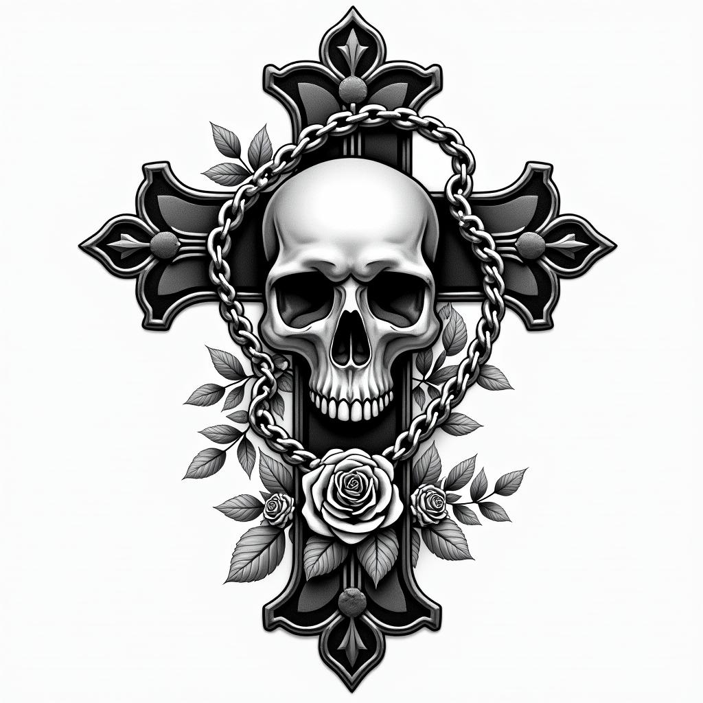 Bondi, Leo, chillin chicano style tattoo, featuring intricate black and grey shading, bold elements of traditional chicano culture symbols, add a big cross with skull, chains and roses - Variation 3