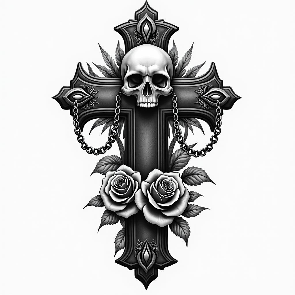 Bondi, Leo, chillin chicano style tattoo, featuring intricate black and grey shading, bold elements of traditional chicano culture symbols, add a big cross with skull, chains and roses - Variation 4