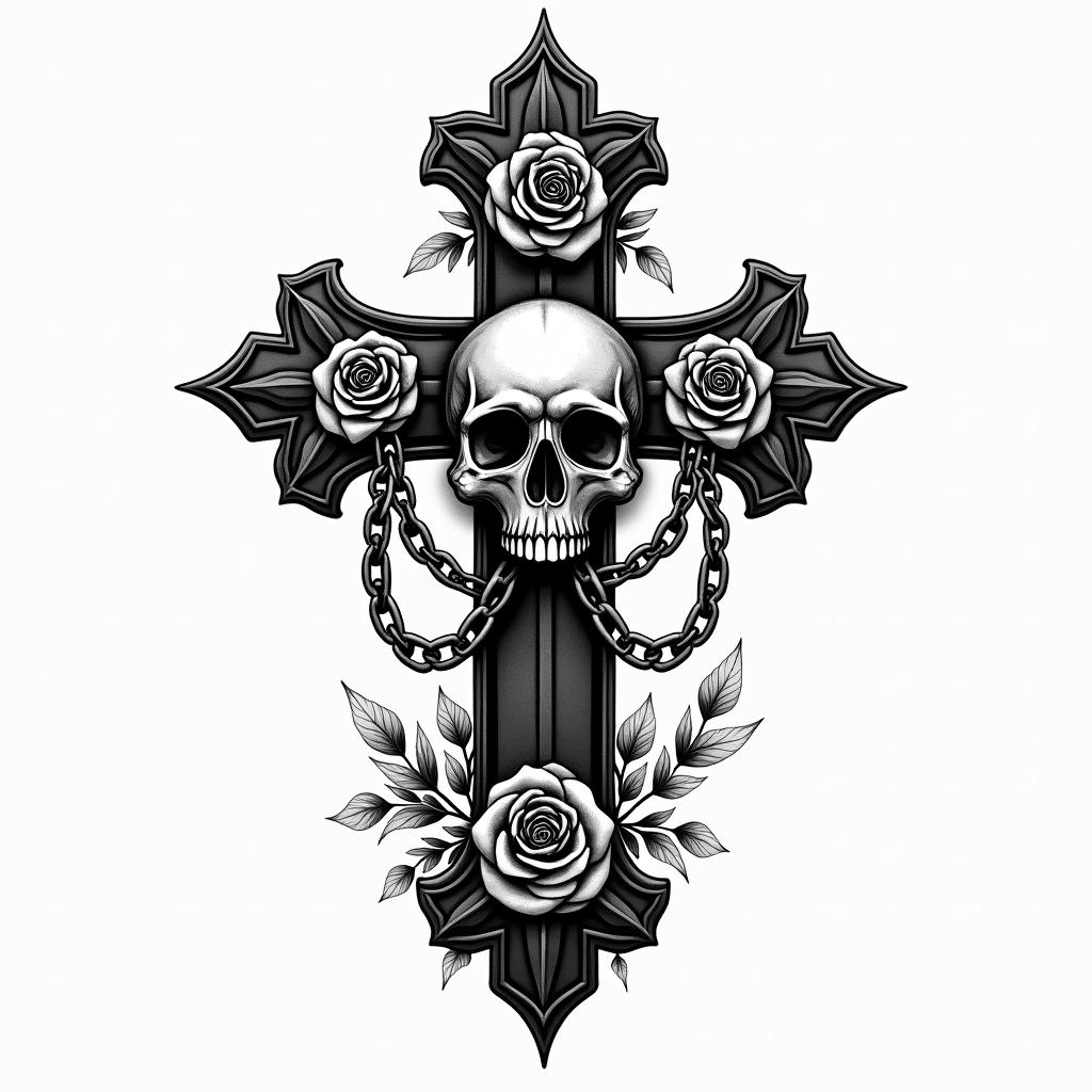 Bondi, Leo, chillin chicano style tattoo, featuring intricate black and grey shading, bold elements of traditional chicano culture symbols, add a big cross with skull, chains and roses - Variation 2