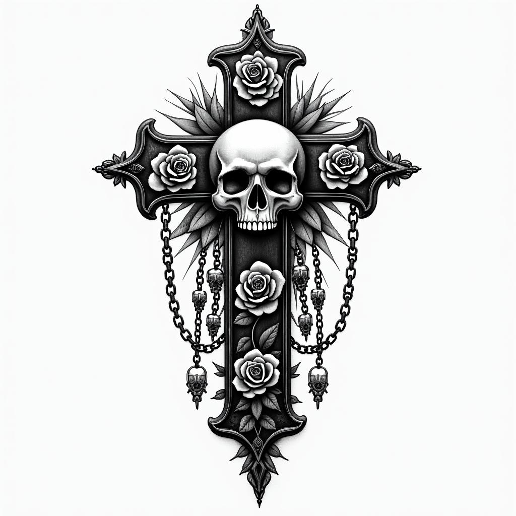 Bondi, Leo, chillin chicano style tattoo, featuring intricate black and grey shading, bold elements of traditional chicano culture symbols, add a big cross with skull, chains and roses