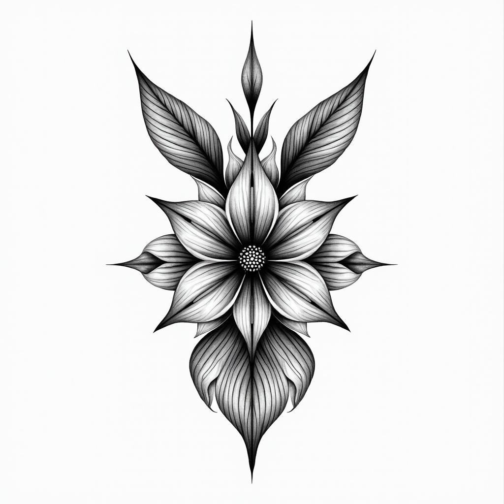 Combine lily flower with hare  in geometric style tattoo, blending hexagons, mandala-inspired patterns, symmetrical and fractal design, clean lines, sharp angles - Variation 2
