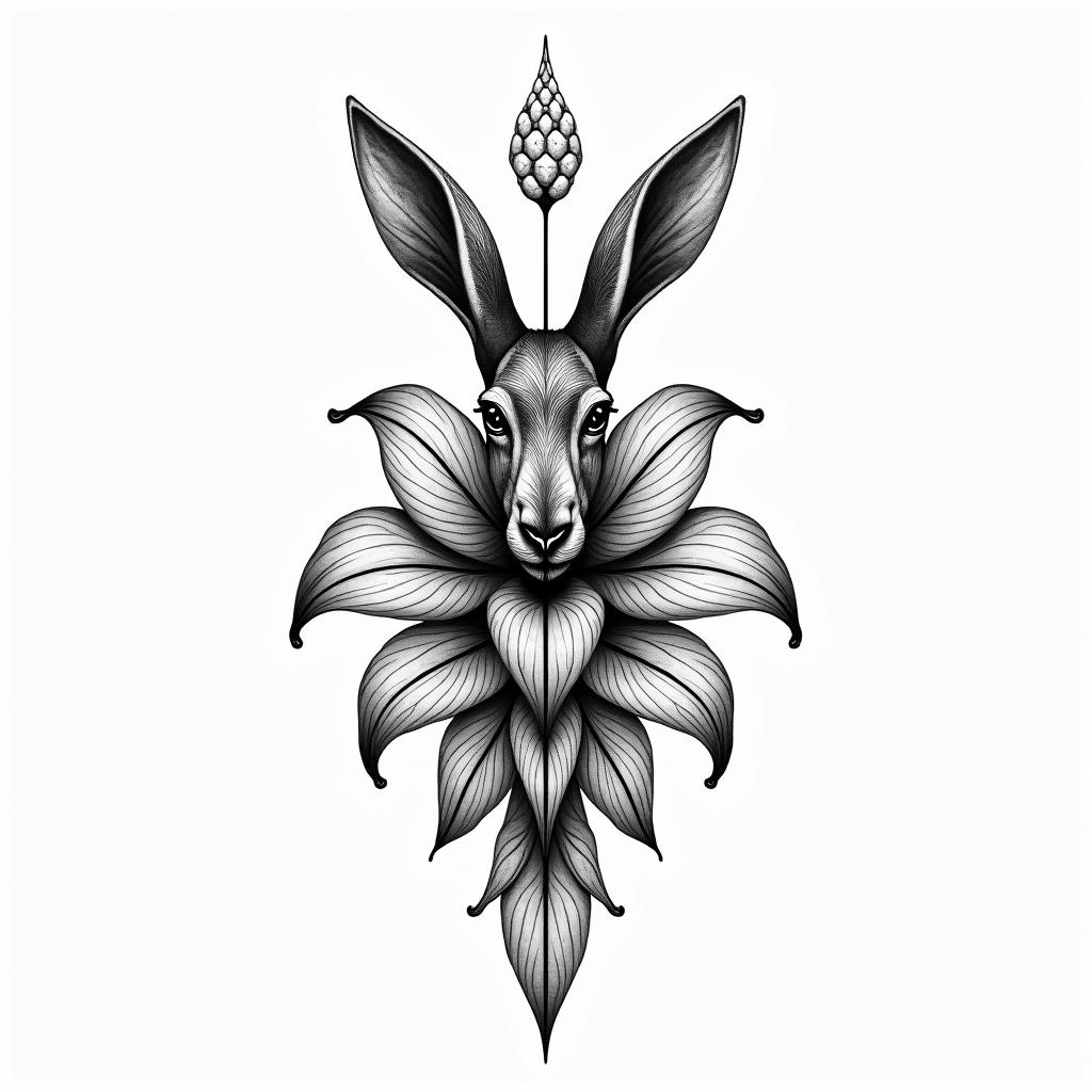 Combine lily flower with hare  in geometric style tattoo, blending hexagons, mandala-inspired patterns, symmetrical and fractal design, clean lines, sharp angles - Variation 3