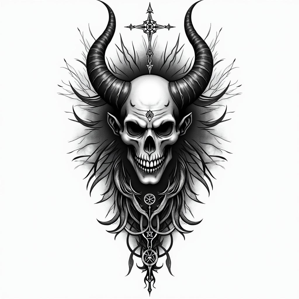 Satan, joker, nightin paganic style tattoo, featuring ancient symbols, add vegvisir symbol, mystical figures, incorporating designs, pentagrams, runes, crescent moons,