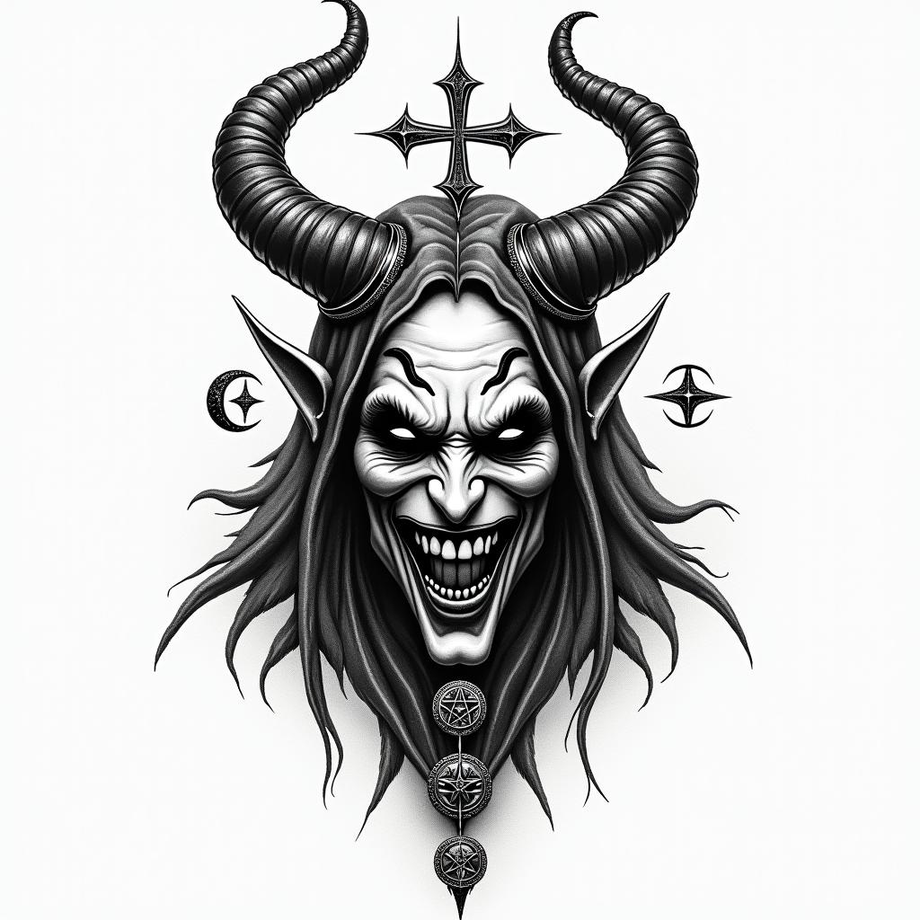 Satan, joker, nightin paganic style tattoo, featuring ancient symbols, add vegvisir symbol, mystical figures, incorporating designs, pentagrams, runes, crescent moons, - Variation 4