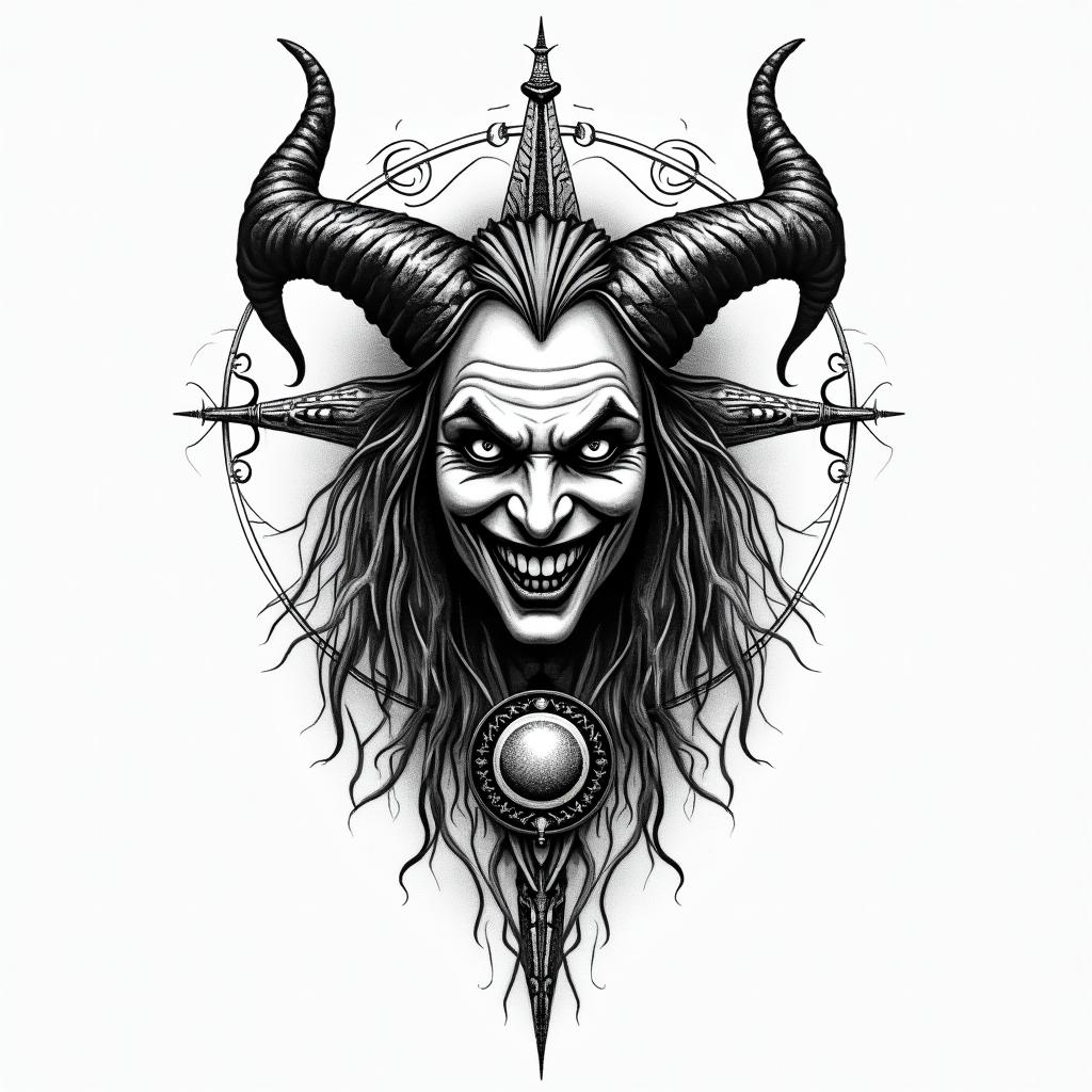 Satan, joker, nightin paganic style tattoo, featuring ancient symbols, add vegvisir symbol, mystical figures, incorporating designs, pentagrams, runes, crescent moons, - Variation 3