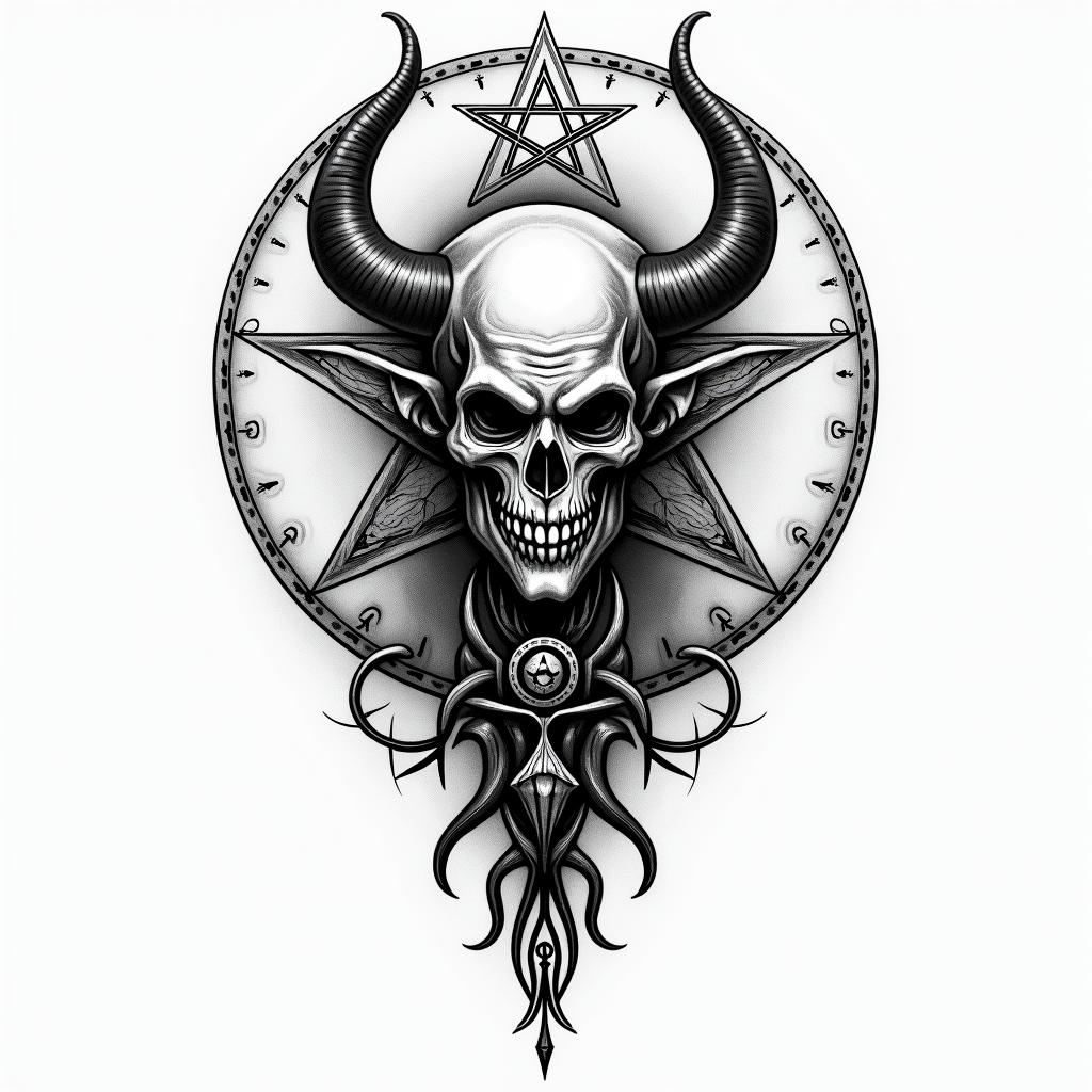 Satan, joker, nightin paganic style tattoo, featuring ancient symbols, add vegvisir symbol, mystical figures, incorporating designs, pentagrams, runes, crescent moons, - Variation 2