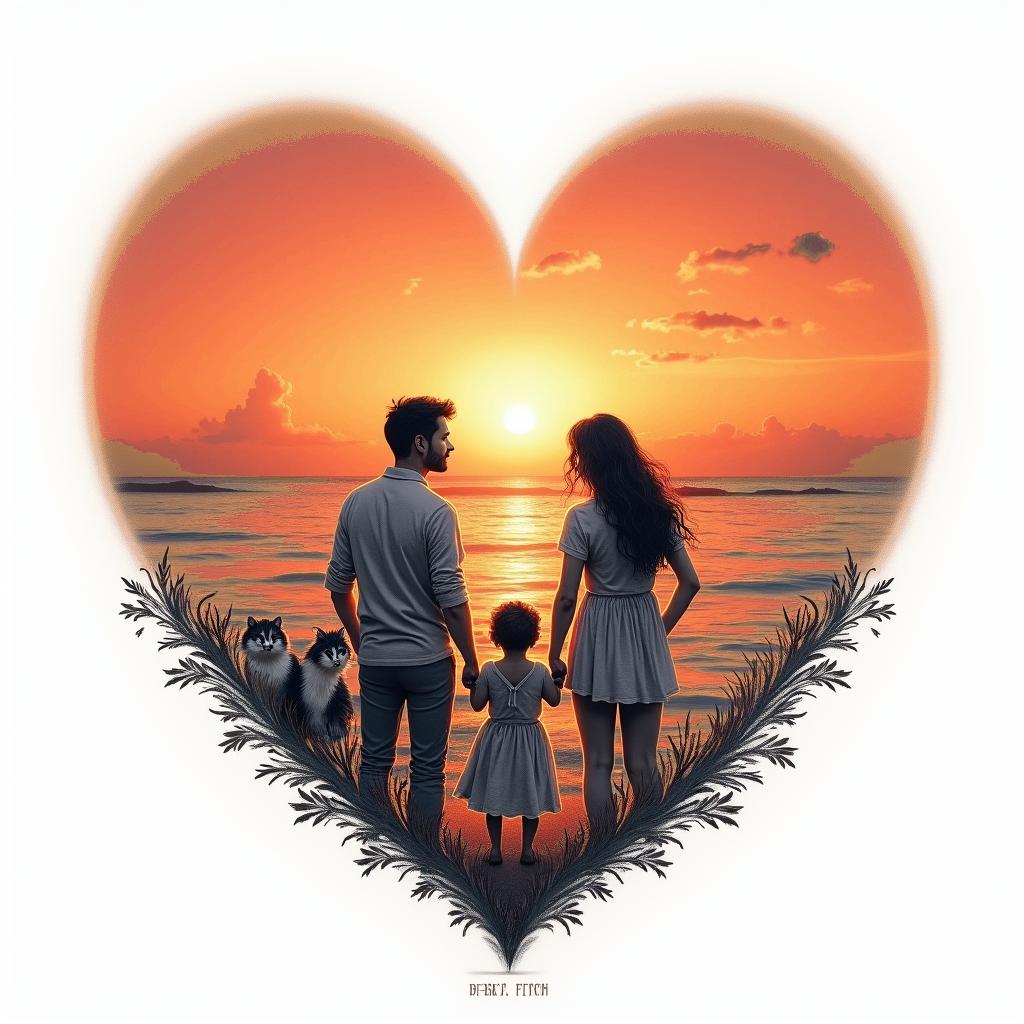 A heart-shaped sunset over the sea featuring a family: a man named Benoit and a woman named Fanny, standing together with their three children: Rose holding a rose, Maggy with a playful kitten, and Dimitri beside a wolf. The family is surrounded by the warm colors of the sunset, and there is an inscription "B & F PLV" incorporated into the design, symbolizing their bond.higly detailed tattoo