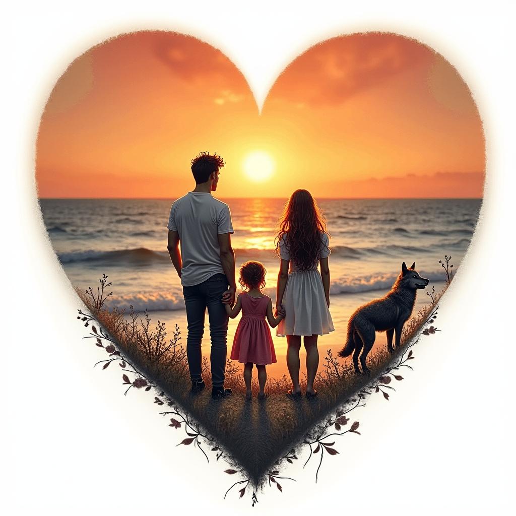A heart-shaped sunset over the sea featuring a family: a man named Benoit and a woman named Fanny, standing together with their three children: Rose holding a rose, Maggy with a playful kitten, and Dimitri beside a wolf. The family is surrounded by the warm colors of the sunset, and there is an inscription "B & F PLV" incorporated into the design, symbolizing their bond.higly detailed tattoo - Variation 4