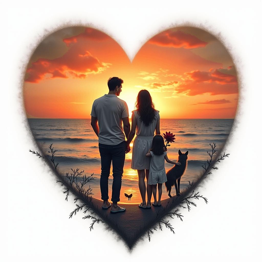 A heart-shaped sunset over the sea featuring a family: a man named Benoit and a woman named Fanny, standing together with their three children: Rose holding a rose, Maggy with a playful kitten, and Dimitri beside a wolf. The family is surrounded by the warm colors of the sunset, and there is an inscription "B & F PLV" incorporated into the design, symbolizing their bond.higly detailed tattoo - Variation 2