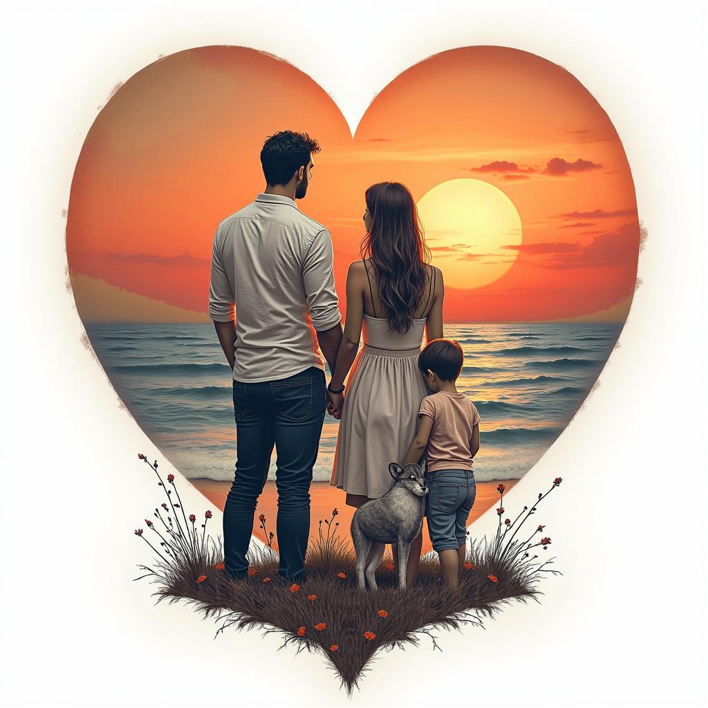 A heart-shaped sunset over the sea featuring a family: a man named Benoit and a woman named Fanny, standing together with their three children: Rose holding a rose, Maggy with a playful kitten, and Dimitri beside a wolf. The family is surrounded by the warm colors of the sunset, and there is an inscription "B & F PLV" incorporated into the design, symbolizing their bond.higly detailed tattoo - Variation 3