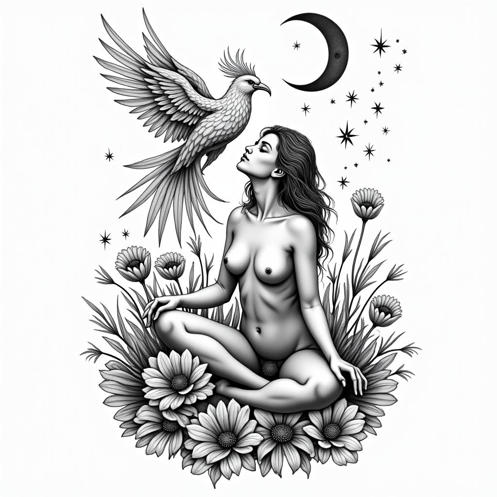 A divine woman figure sitting in a field of blooming flowers with a crescent moon above her head and stars trailing behind and a beautiful phoenix behind her, and the scorpio constellation in the sky, connected to the tree of lifehigly detailed tattoo