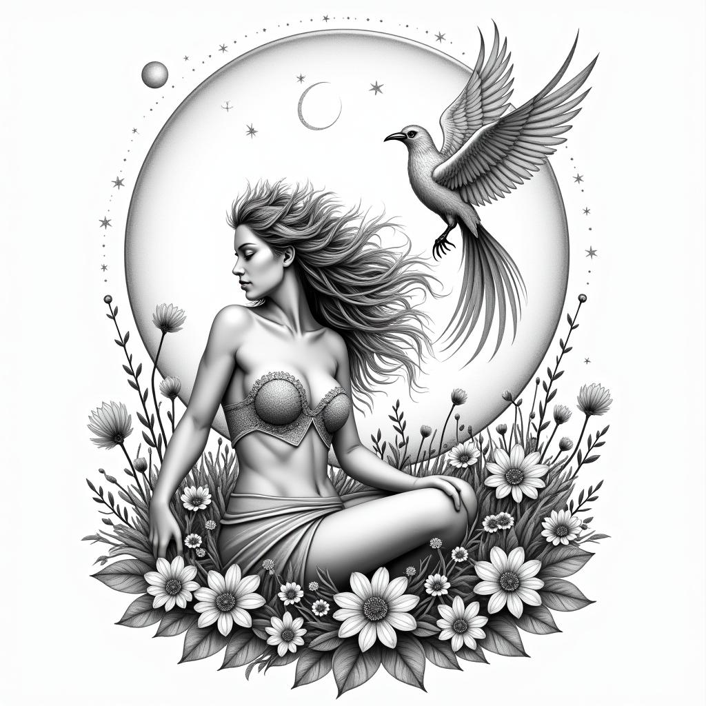 A divine woman figure sitting in a field of blooming flowers with a crescent moon above her head and stars trailing behind and a beautiful phoenix behind her, and the scorpio constellation in the sky, connected to the tree of lifehigly detailed tattoo - Variation 3