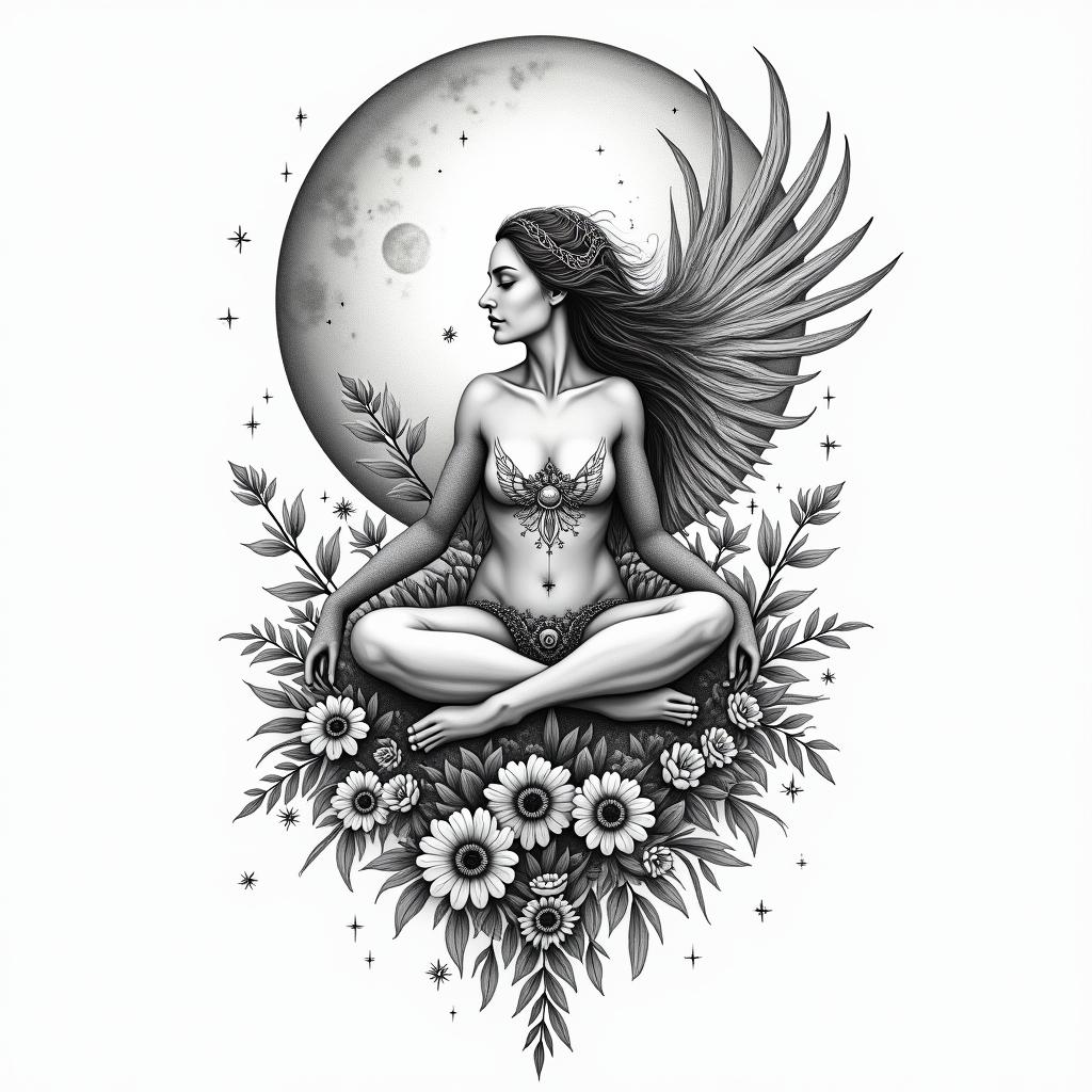 A divine woman figure sitting in a field of blooming flowers with a crescent moon above her head and stars trailing behind and a beautiful phoenix behind her, and the scorpio constellation in the sky, connected to the tree of lifehigly detailed tattoo - Variation 4