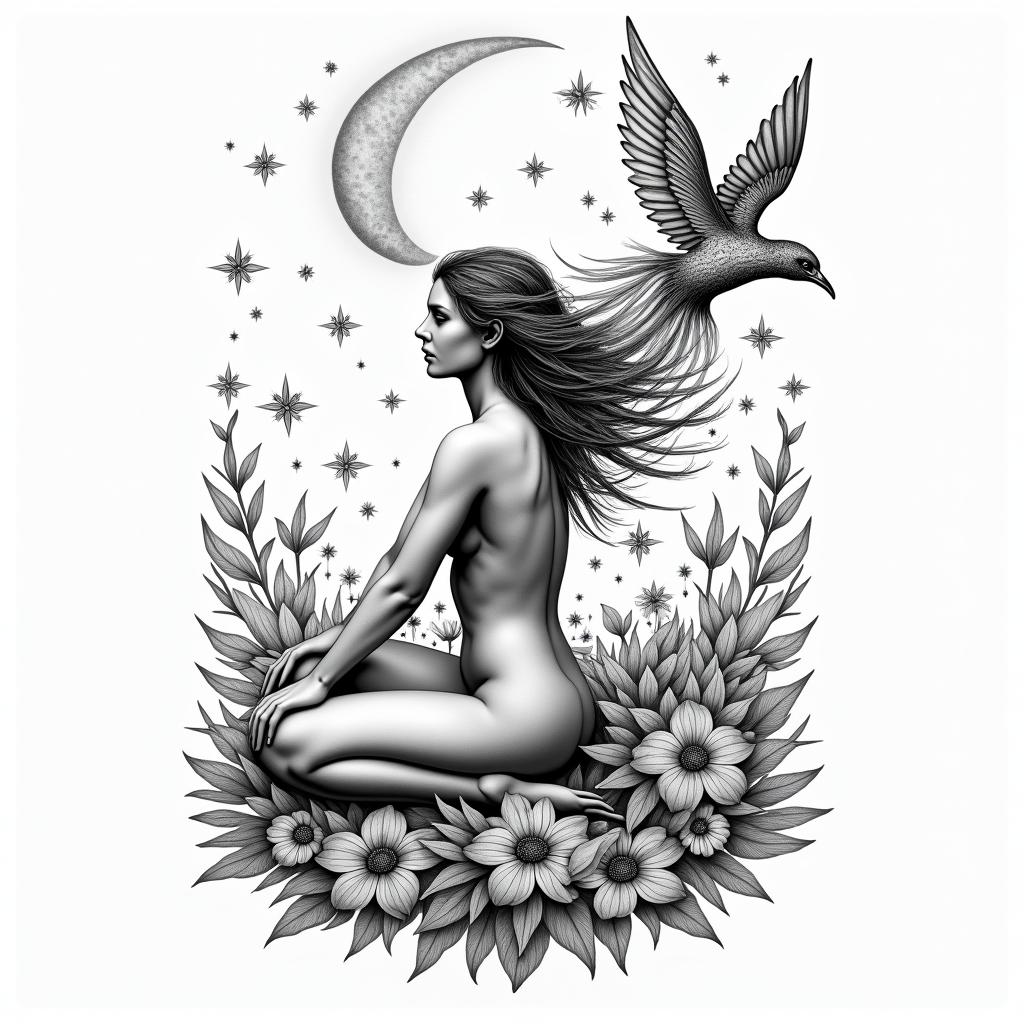 A divine woman figure sitting in a field of blooming flowers with a crescent moon above her head and stars trailing behind and a beautiful phoenix behind her, and the scorpio constellation in the sky, connected to the tree of lifehigly detailed tattoo - Variation 2