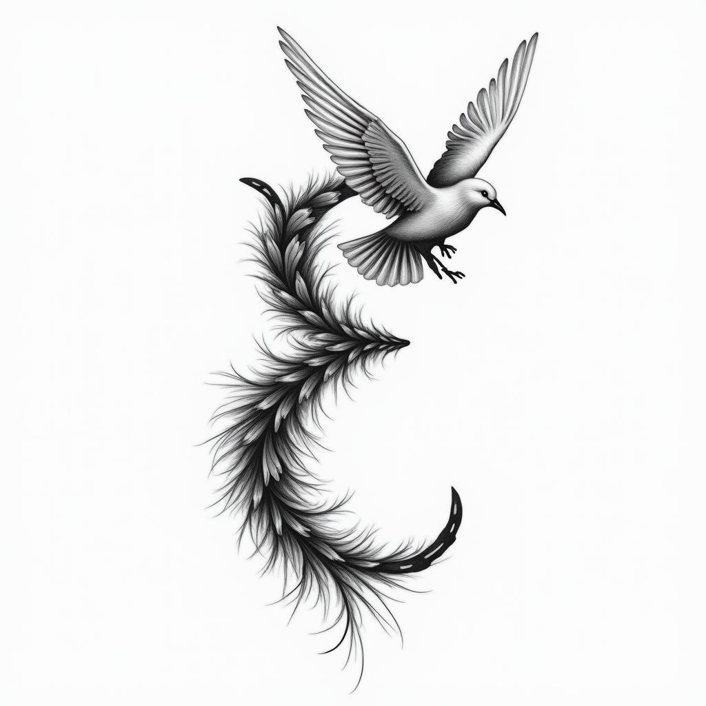 A and E intertwined in a minimalist black and white design, featuring an angel's feather and a peace dove, symbolizing the love for a son and wife, creating an elegant and meaningful tattoo representation.higly detailed tattoo - Variation 3