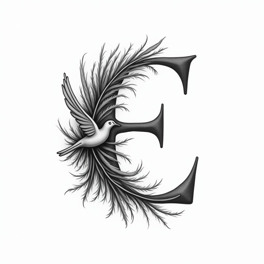 A and E intertwined in a minimalist black and white design, featuring an angel's feather and a peace dove, symbolizing the love for a son and wife, creating an elegant and meaningful tattoo representation.higly detailed tattoo - Variation 4