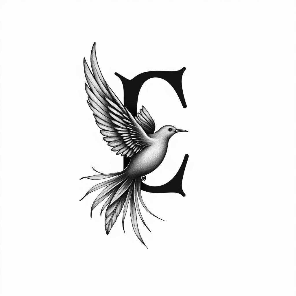 A and E intertwined in a minimalist black and white design, featuring an angel's feather and a peace dove, symbolizing the love for a son and wife, creating an elegant and meaningful tattoo representation.higly detailed tattoo - Variation 2