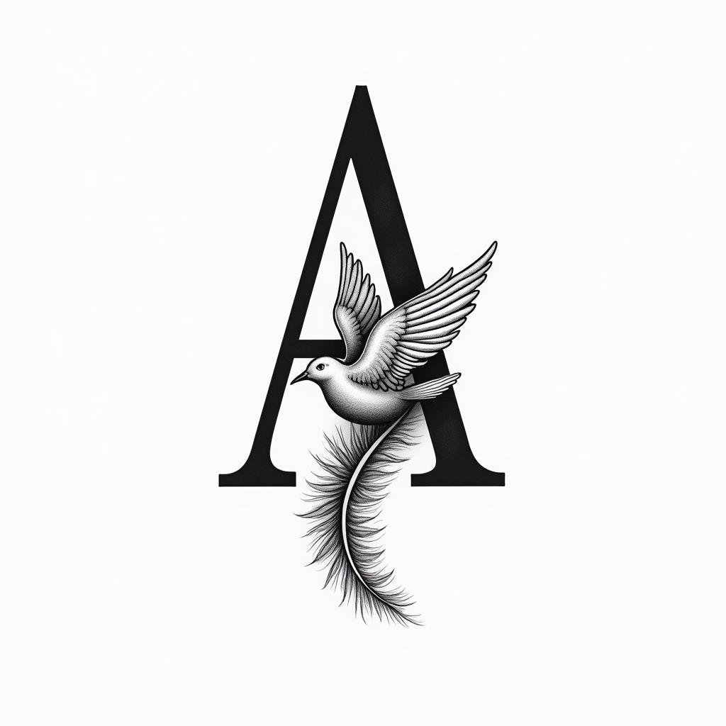 A and E intertwined in a minimalist black and white design, featuring an angel's feather and a peace dove, symbolizing the love for a son and wife, creating an elegant and meaningful tattoo representation.higly detailed tattoo