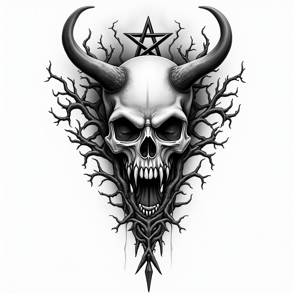 Skull rose tree witchcreepy horror tattoo style, featuring an eerie and unsettling skull of a demonic creature, distorted face with sharp fangs, add pentagram symbol - Variation 3