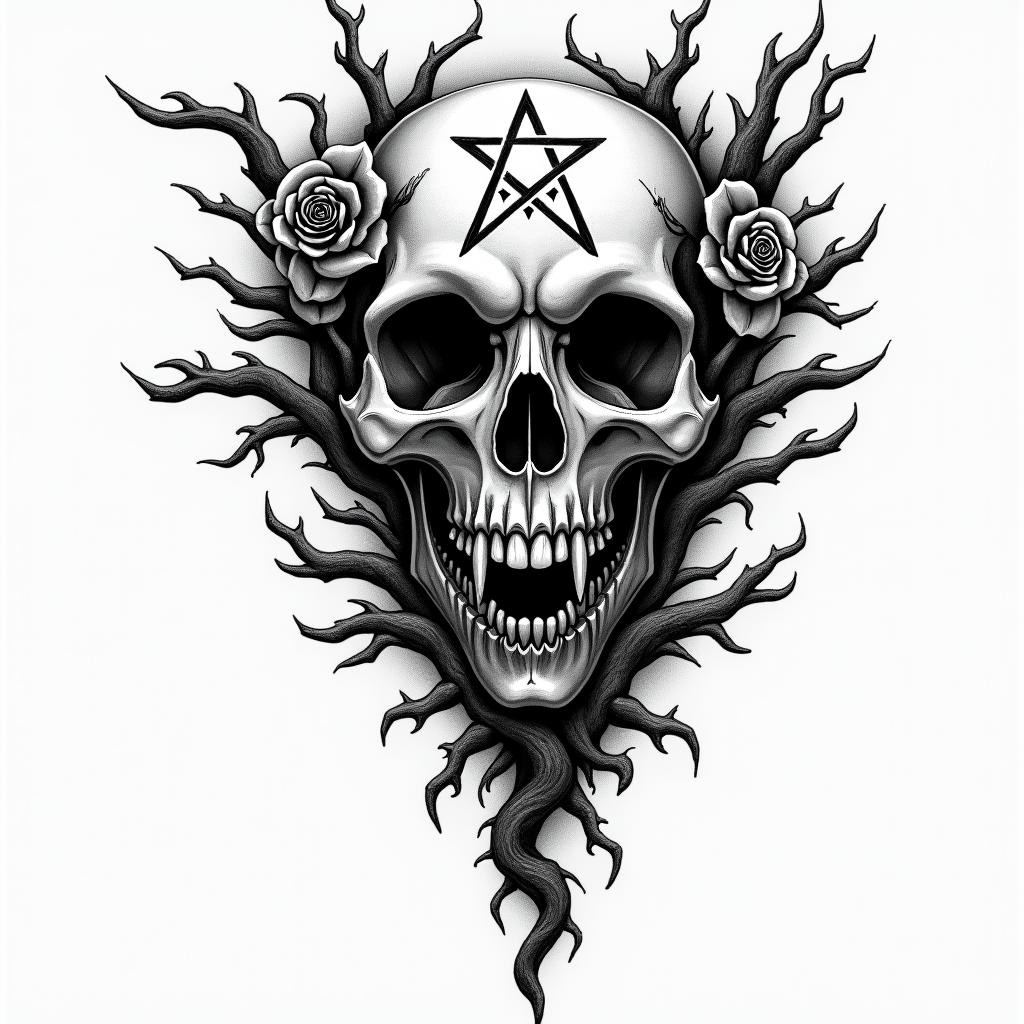 Skull rose tree witchcreepy horror tattoo style, featuring an eerie and unsettling skull of a demonic creature, distorted face with sharp fangs, add pentagram symbol - Variation 4