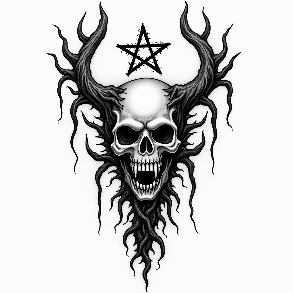 Skull rose tree witchcreepy horror tattoo style, featuring an eerie and unsettling skull of a demonic creature, distorted face with sharp fangs, add pentagram symbol
