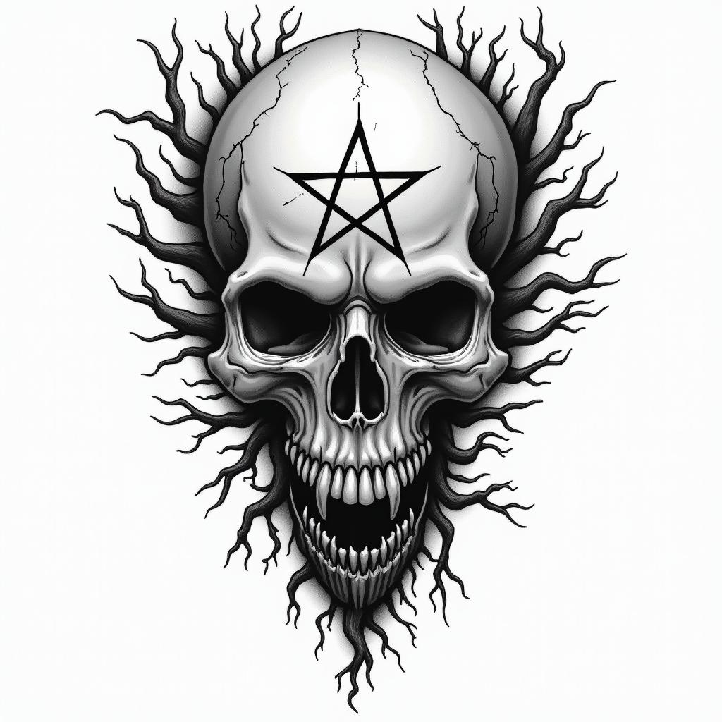 Skull rose tree witchcreepy horror tattoo style, featuring an eerie and unsettling skull of a demonic creature, distorted face with sharp fangs, add pentagram symbol - Variation 2