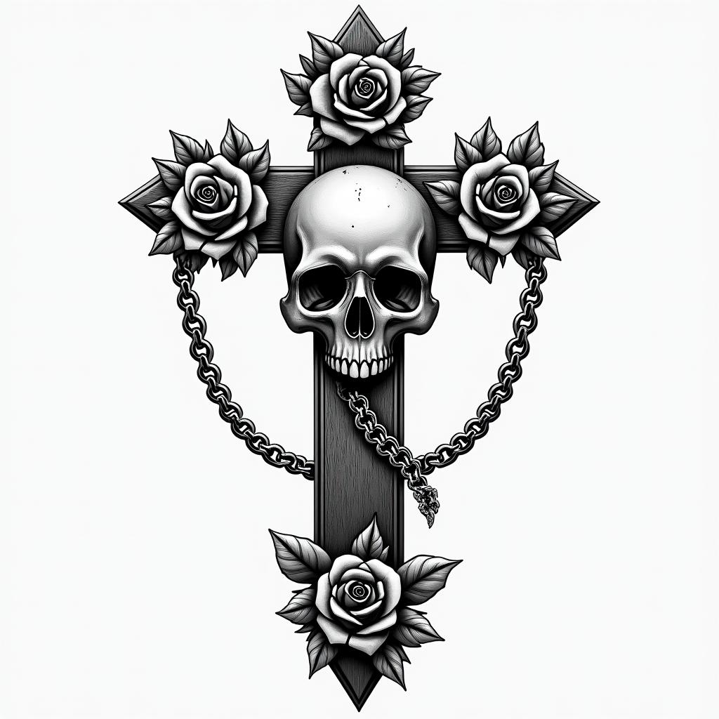 A mathematical representation of my last name Asuaje.in chicano style tattoo, featuring intricate black and grey shading, bold elements of traditional chicano culture symbols, add a big cross with skull, chains and roses - Variation 2