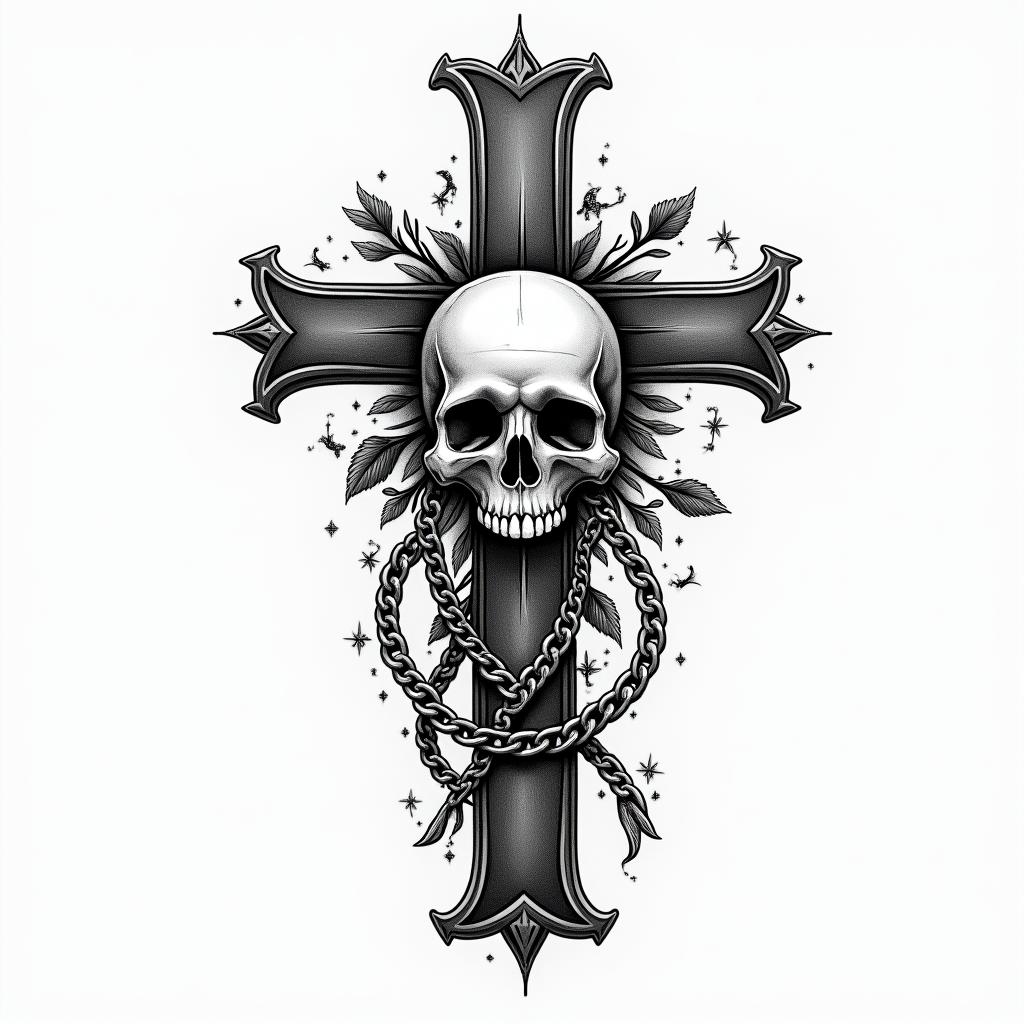 A mathematical representation of my last name Asuaje.in chicano style tattoo, featuring intricate black and grey shading, bold elements of traditional chicano culture symbols, add a big cross with skull, chains and roses - Variation 3