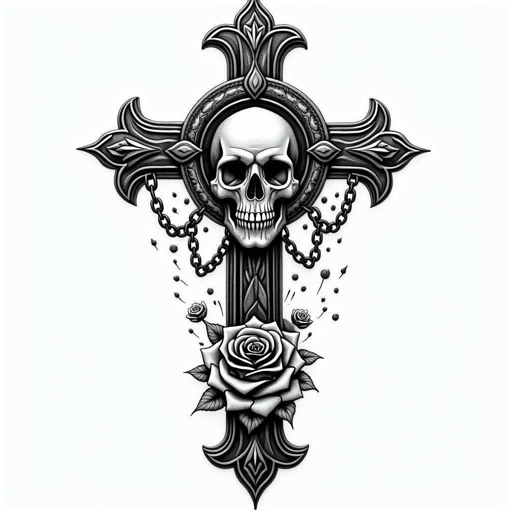 A mathematical representation of my last name Asuaje.in chicano style tattoo, featuring intricate black and grey shading, bold elements of traditional chicano culture symbols, add a big cross with skull, chains and roses - Variation 4