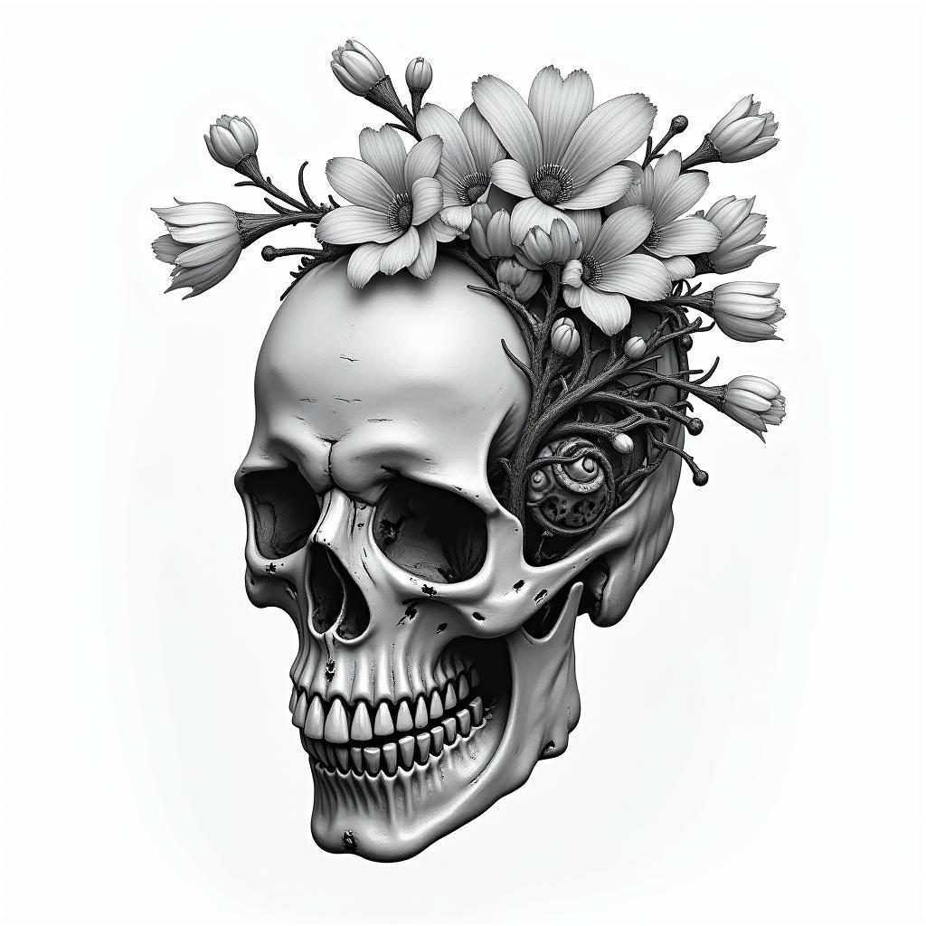 Depression, skull, flowers coming out top of skulltattoo in biomechanic style, the tattoo covered by robotic elements of futuristic cyberpunk design, robotic features detail, showcasing intricate mechanical components - Variation 3