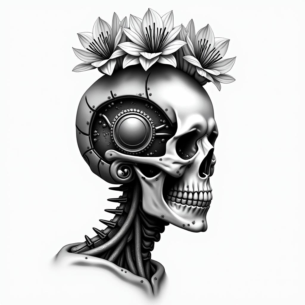 Depression, skull, flowers coming out top of skulltattoo in biomechanic style, the tattoo covered by robotic elements of futuristic cyberpunk design, robotic features detail, showcasing intricate mechanical components