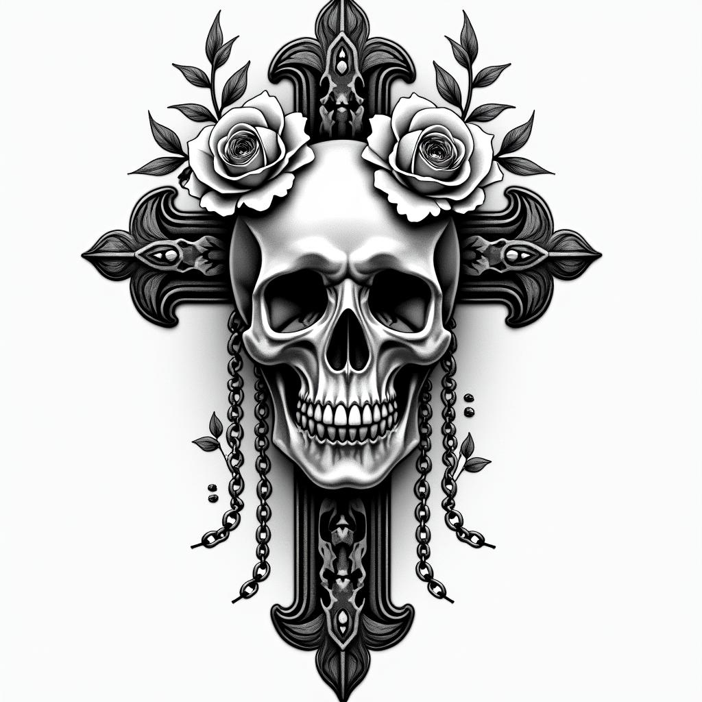 Depression, skull, flowers coming out top of skullin chicano style tattoo, featuring intricate black and grey shading, bold elements of traditional chicano culture symbols, add a big cross with skull, chains and roses - Variation 3