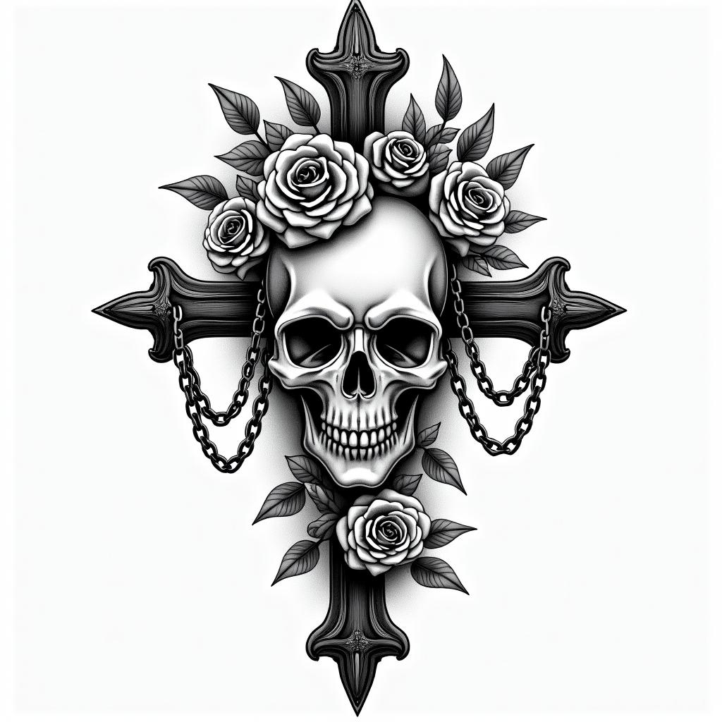 Depression, skull, flowers coming out top of skullin chicano style tattoo, featuring intricate black and grey shading, bold elements of traditional chicano culture symbols, add a big cross with skull, chains and roses - Variation 2