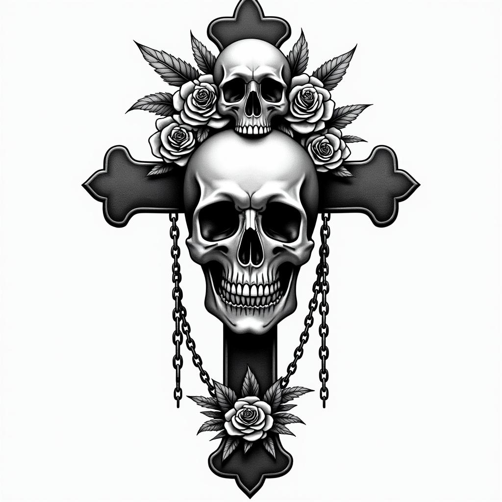 Depression, skull, flowers coming out top of skullin chicano style tattoo, featuring intricate black and grey shading, bold elements of traditional chicano culture symbols, add a big cross with skull, chains and roses - Variation 4