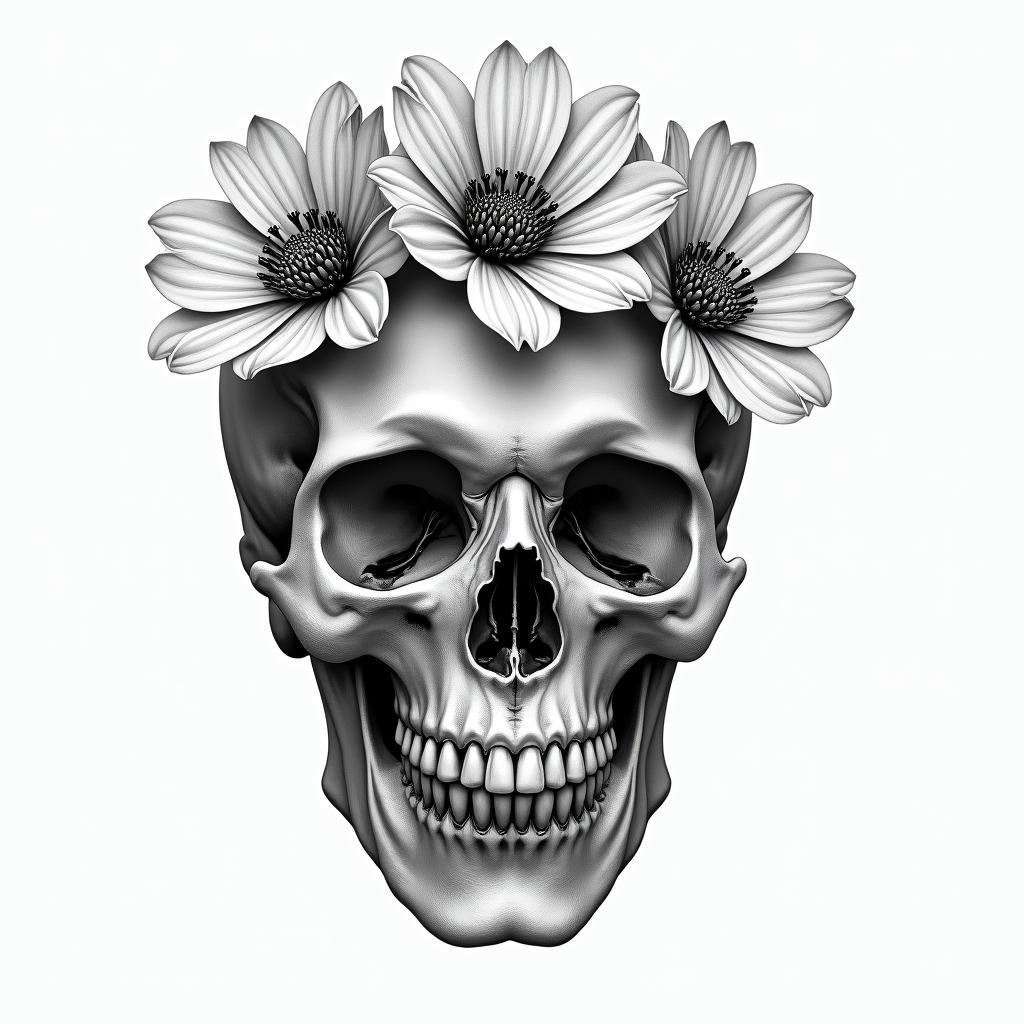 Depression, skull, flowers coming out top of skullin realism tattoo style, featuring a highly detailed, lifelike, capturing every detail, photorealistic, ultra realistic, intricate shading, smooth and sharp, - Variation 3